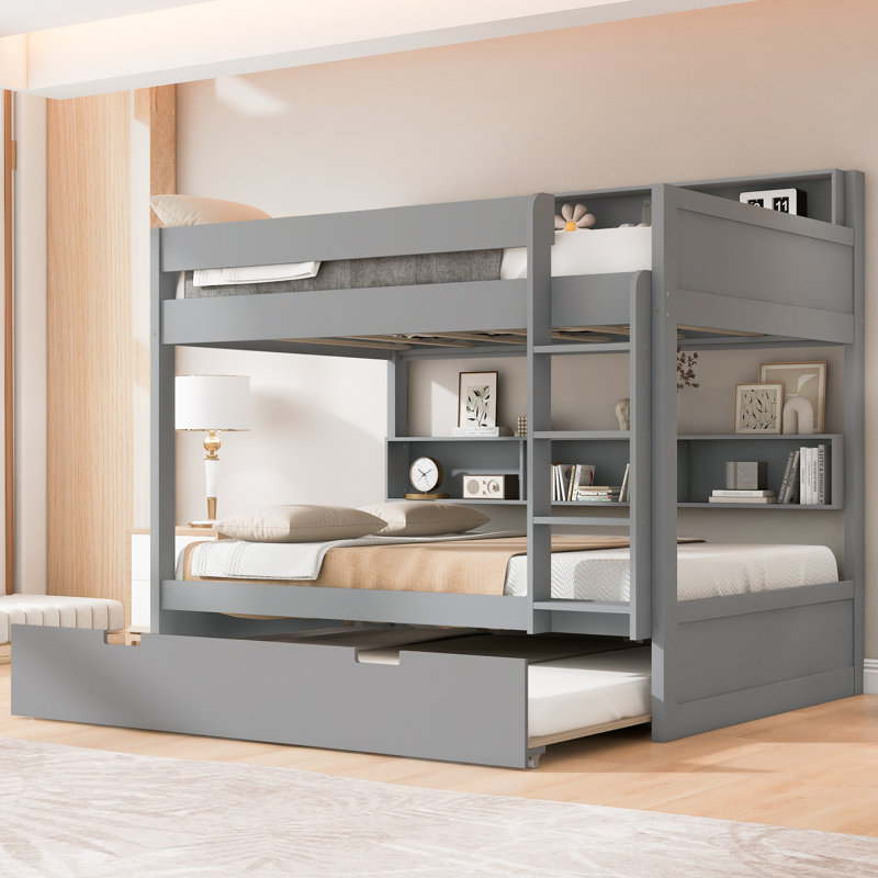 Nelson Wood Bunk Bed with Trundle & Built-In Storage Shelves, Gray, Full Over Full