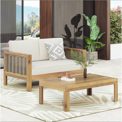 Outdoor Acacia Wood And Wicker Loveseat And Coffee Table Set With Cushions