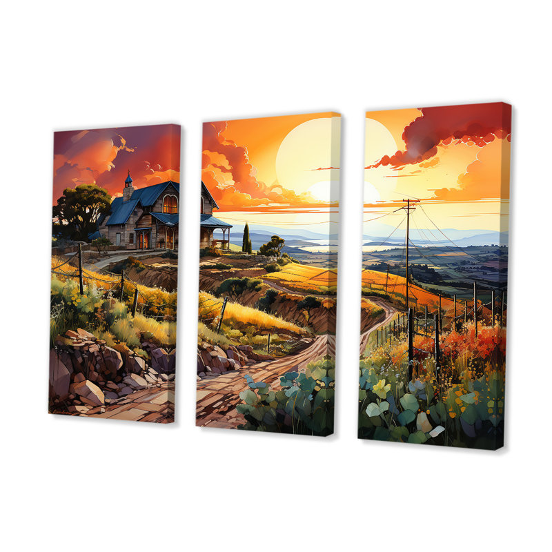 Vineyard Sunset - ensemble de salon Vineyard Wall Art, H 40 po x l 60 po x P 1 po