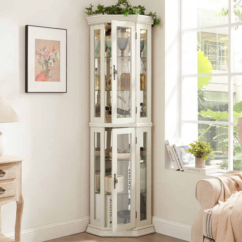 Lighted Corner Curio Cabinet With Glass Display Shelf, Adjustable Shelving, LED Lighting, And Anti - Tipping Device For Home Decor