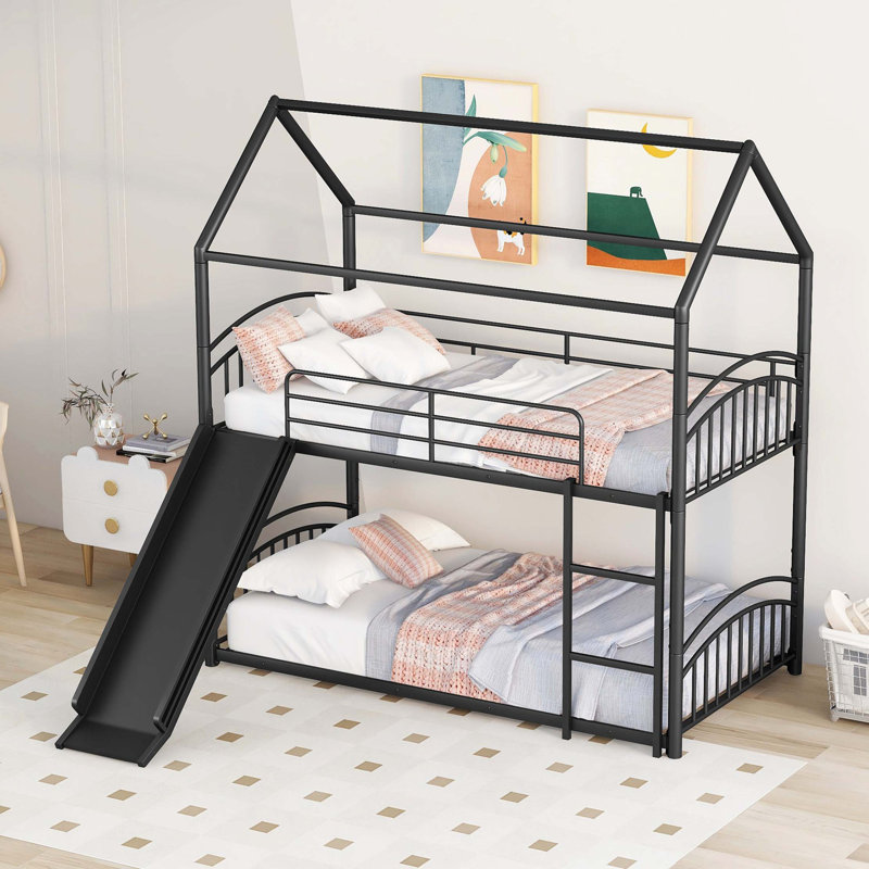 Metal Bunk Bed With Slide,Kids House Bed, Black