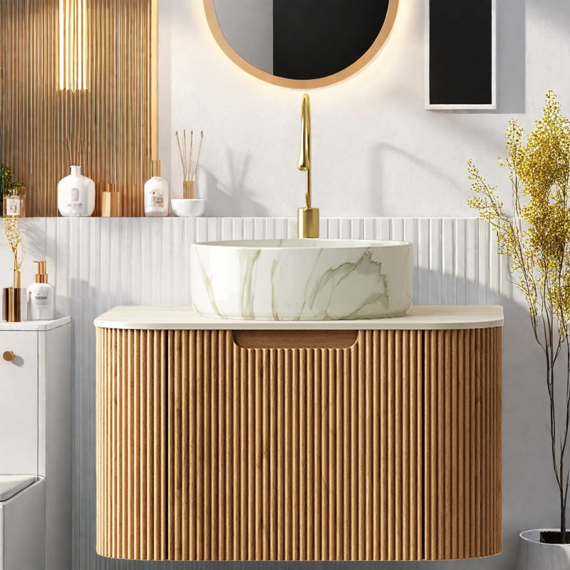 "Meuble-lavabo flottant avec lavabo en céramique, armoire à grain de bois élégante