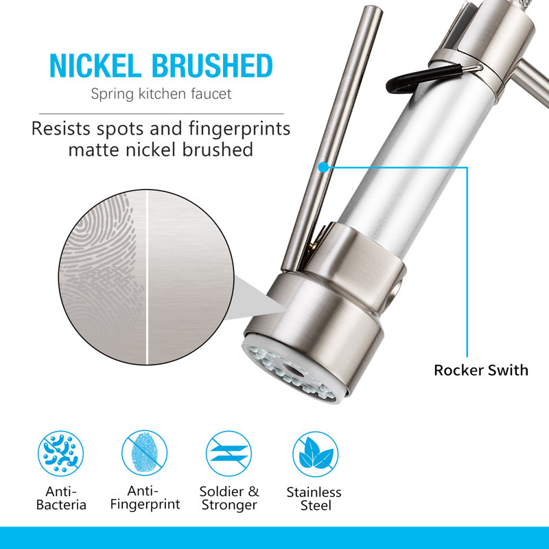  Robinet de cuisine à DEL 2 jets avec douchette rétractable, Nickel brossé