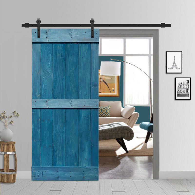 Porte de grange à panneaux et en bois avec quincaillerie d'installation, 30 po x 84 po, Bleu océan