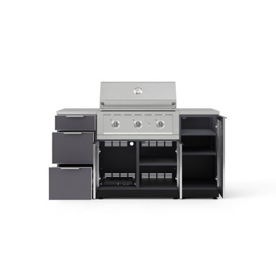 Ensemble d'armoires d'extérieur gris ardoise en aluminium 6 pièces avec 1 porte, 3 tiroirs, armoire de barbecue, barbecue au propane liquide 33 po et dessus en acier inoxydable 16 po