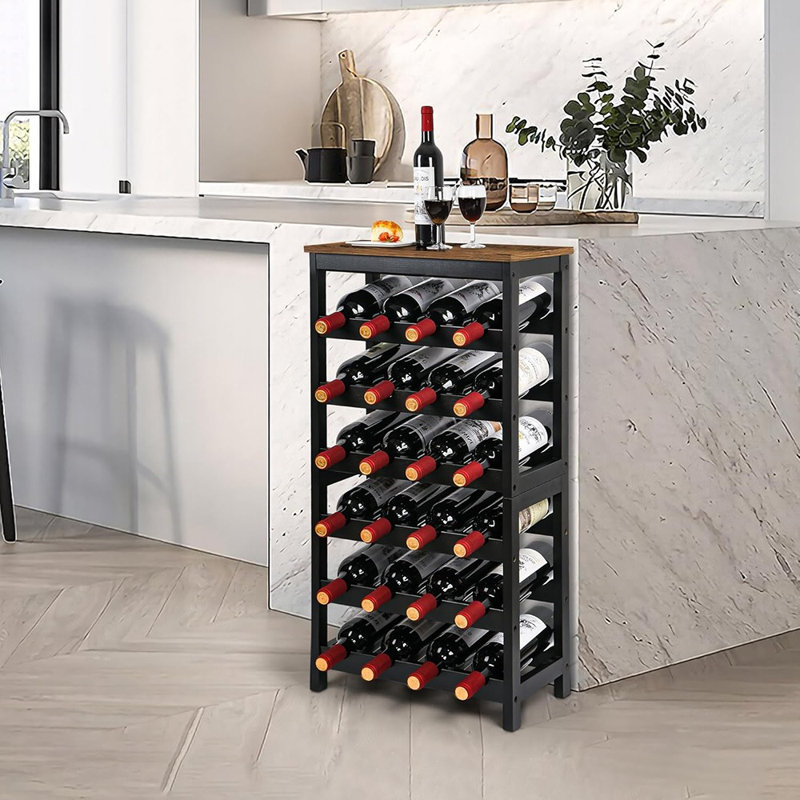 Support à vin autoportant à 6 niveaux en bambou - Tablette de rangement de 24 bouteilles avec plateau de table pour la cuisine, le bar, la salle à manger ou le salon, brun rustique et noir