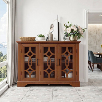 Buffet spacieux en chêne foncé avec 3 portes en verre trempé et tablettes réglables, buffet de rangement de l 48,66 po pour la salle à manger, le salon ou la cuisine