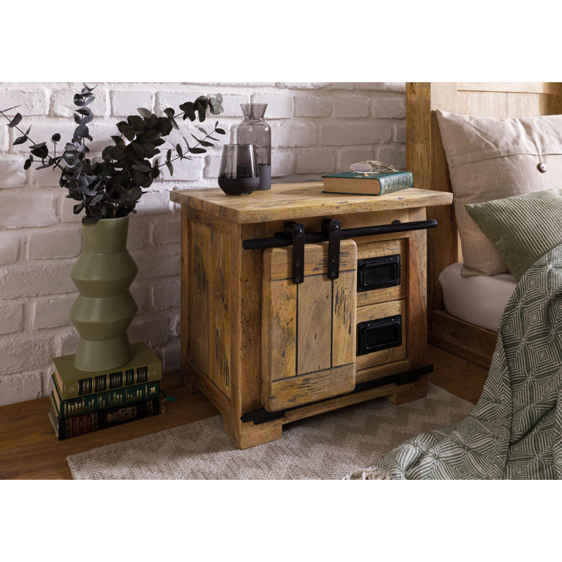 Railway 50cm W Solid Wood Bedside Table, Light brown