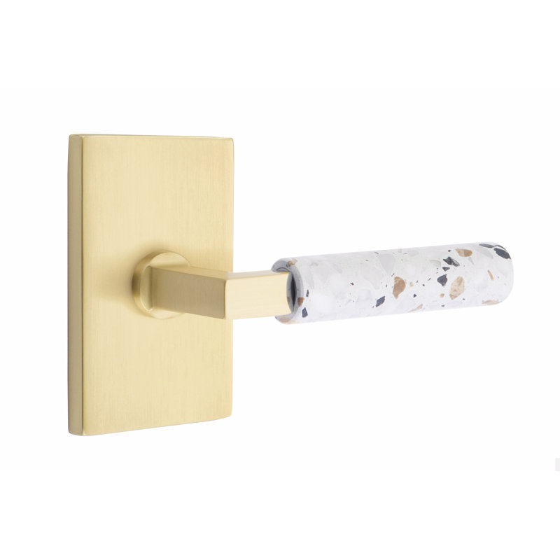 Select Round Passage (Hall & Closet) Door Lever with Rectangle Rosette, Universal/Reversible, Satin Brass/Light Terrazzo