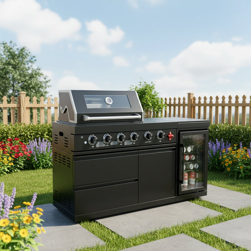 Ensemble de cuisine modulaire d'extérieur 65 po x l 25 po x P 48 po avec barbecue à 4 brûleurs, brûleur latéral, réfrigérateur et comptoir en granite