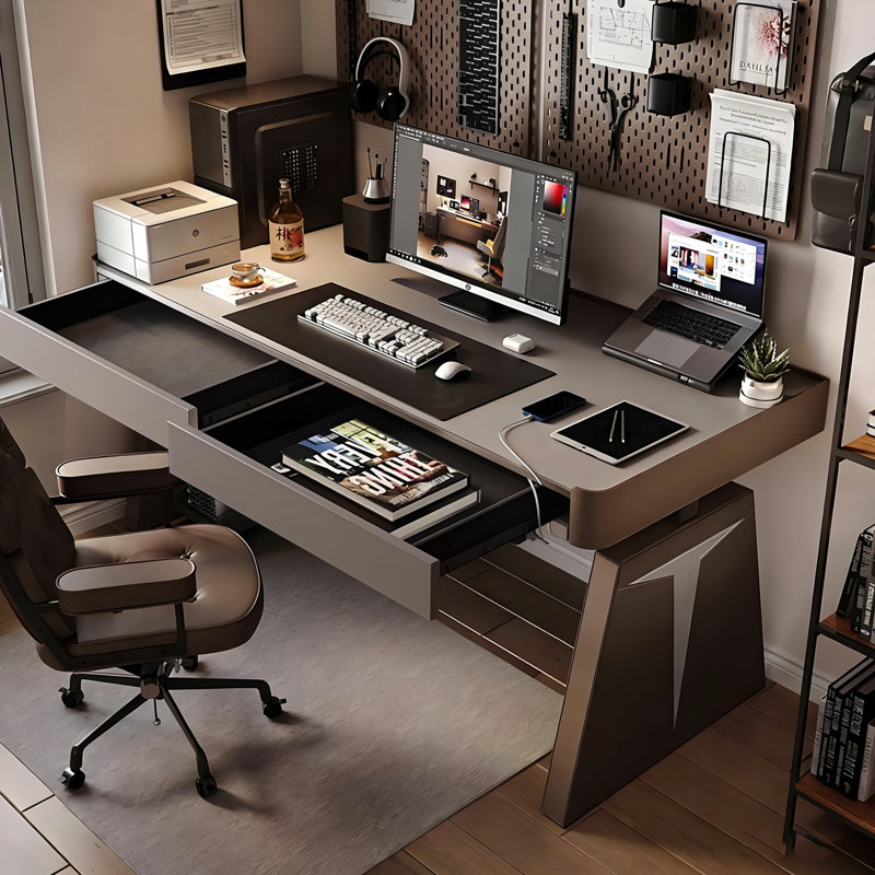 Bureau à hauteur réglable moderne et luxueux brun électrique | Bureau d'ordinateur de qualité supérieure enveloppé de cuir de qualité supérieure pour bureau personnel