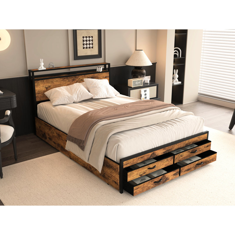 Queen Bed Frame With 8 Storage Compartments, Led Headboard Charging Facility, Metal Platform, No Box Spring, Noise-, Stable, Teal Brown Pecan