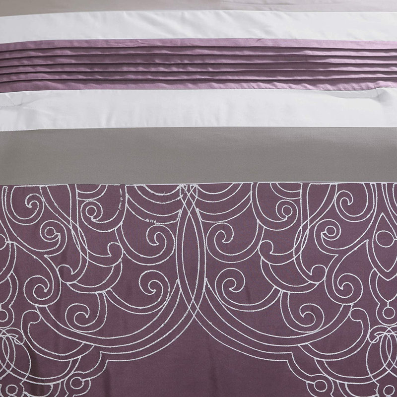 Chloe 7-Piece Pleated Stripe Medallion Embroidered Comforter Set, King Comforter + 6 Additional Pieces, Purple