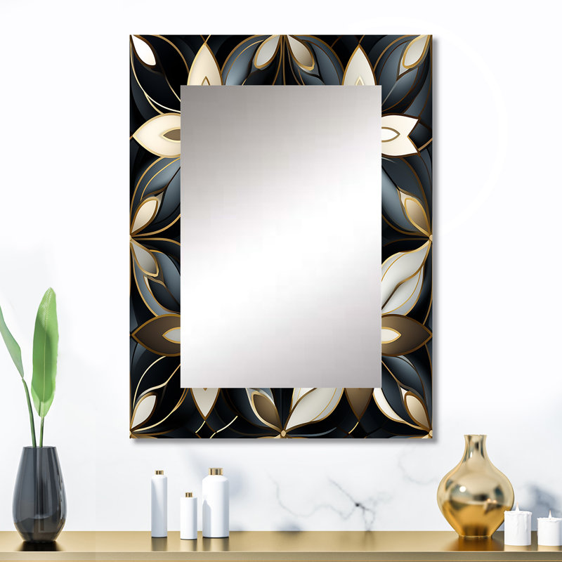 Dimensions de la mosaïque en marbre noir et doré - miroir mural géométrique, 32 po x 24 po