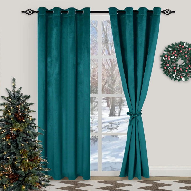 Rithvika Velvet Solid Color Noise Reducing Blackout Grommet Curtain Panels for Home & Office, 38" W x 96" L, Peacock Blue