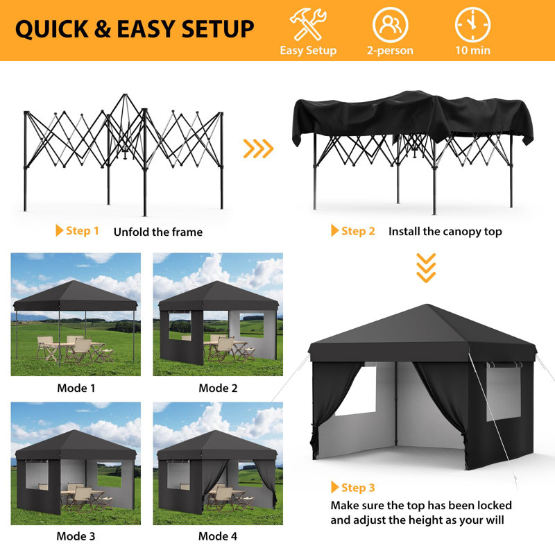10x10 FT Commercial Pop-Up Canopy with One-Push Set-up, Waterproof UV Protection, 4 Detachable Sidewalls, Adjustable Height, Sturdy Steel Frame, Event Tent