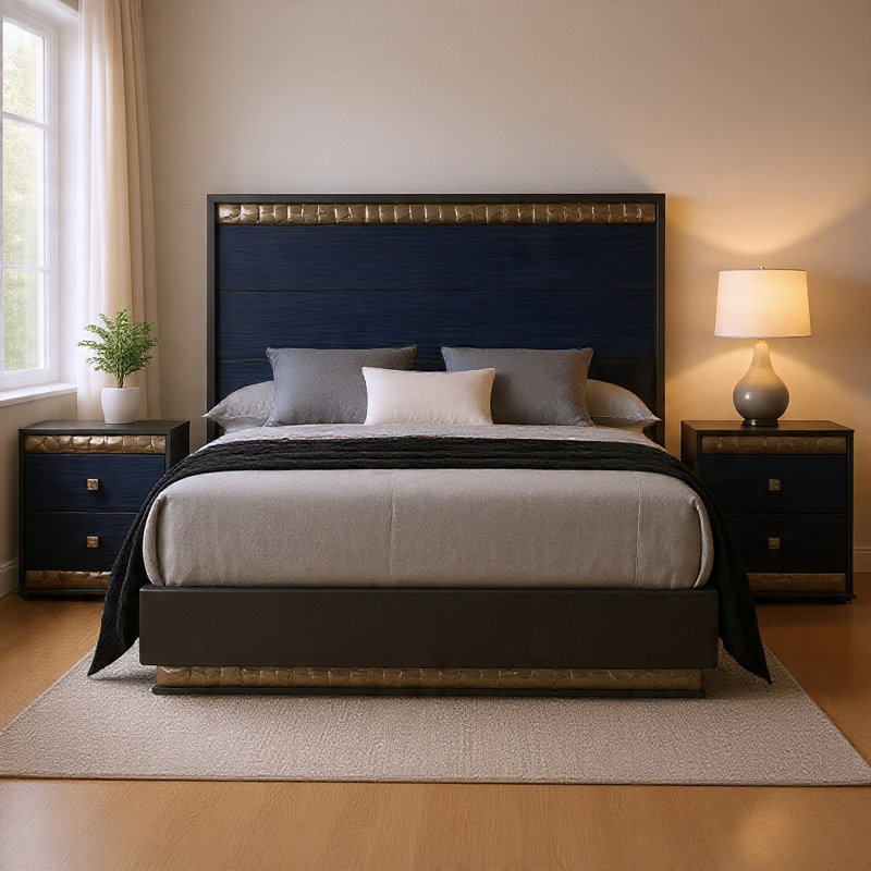 Ensemble de chambre pour grand lit, gris cendré, bleu indigo, bois chromé, ensemble de 3 pièces avec 2 tables de chevet