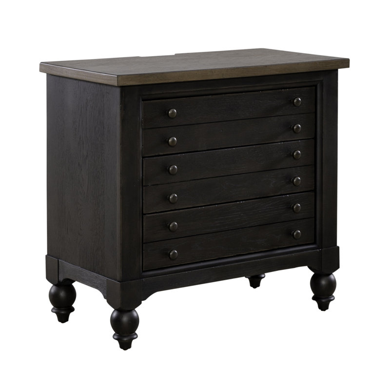 Aisja 3 Drawer Nightstand w/ Charging Station, Black