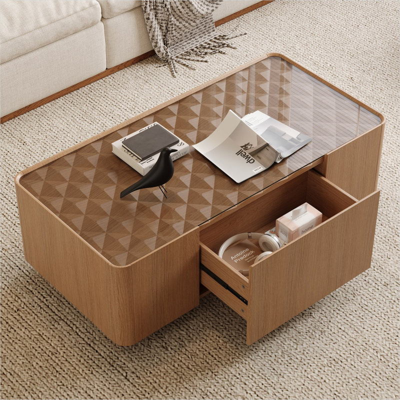 Table basse rectangulaire en bois naturel brun et verre, centre de salon de style moderne Mid-Century