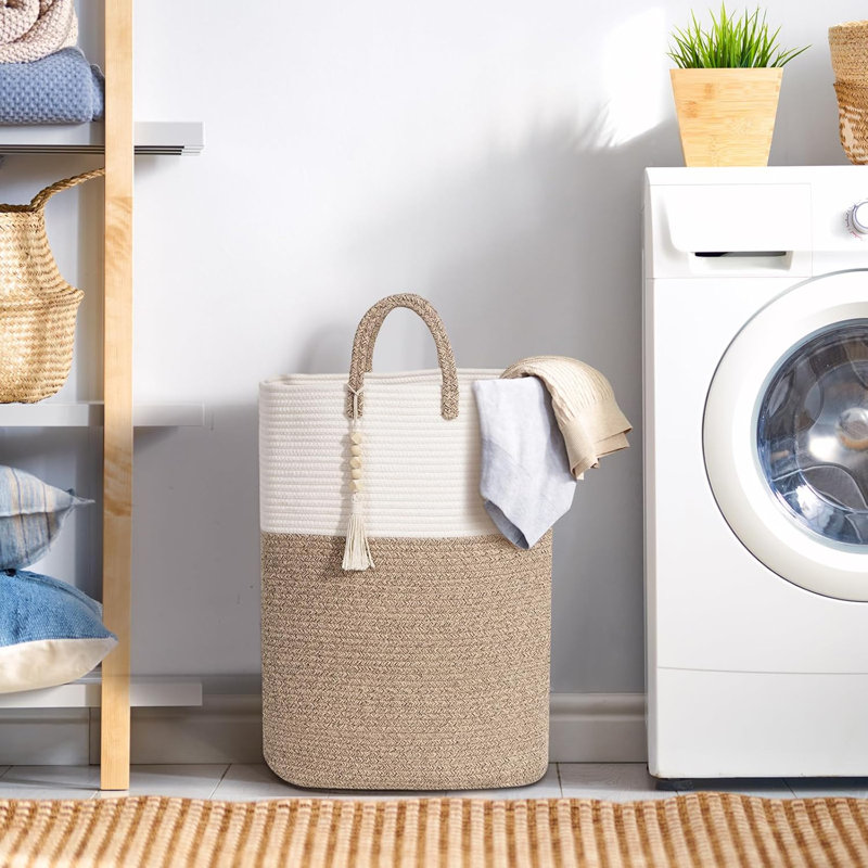 Woven Laundry Basket With Beaded Tassel - Large Rectangular Clothes Hamper For Bedroom, Nursery, Or Laundry Room - Breathable Cotton Storage Basket For Clothes, Toys, And Home Organization