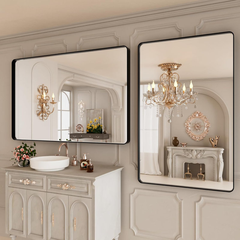 Miroir de salle de bain 48 po x 30 po noir, miroir de meuble-lavabo à cadre en métal noir, miroirs muraux ronds rectangulaires noir mat, verre trempé, antirouille, horizontal ou vertical