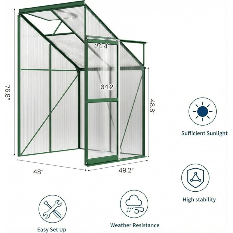 Durable Lean-to Polycarbonate Greenhouse with Walk-In Outdoor Garden Plant Shelter, Adjustable Roof Vent, Sliding Lockable Aluminum Door for Patio or Backyard, 4x4 FT (Green Spray Plastic)