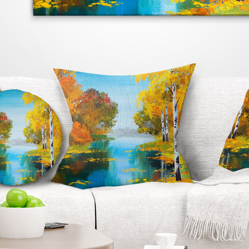 Forêt de bouleaux près de la rivière - Coussin à imprimé paysage, 16 po x 1 po, Carré