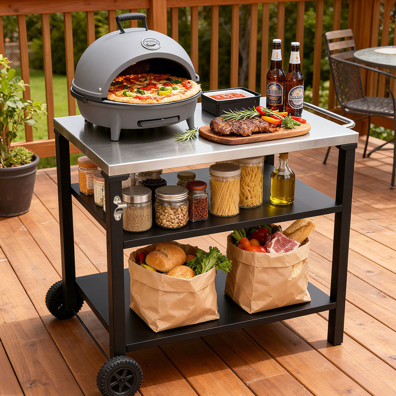 Chariot de barbecue extérieur à 3 niveaux avec surface en acier inoxydable, roues de table de préparation pour barbecue, barre de service roulante pour patio et cour arrière, support de four à pizza noir, rouille, rangement spacieux, mobilité douce,