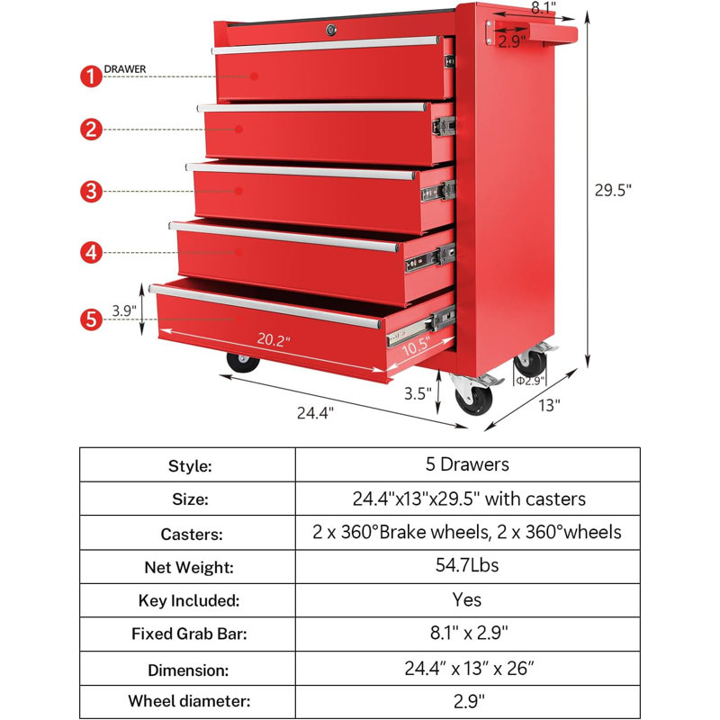 Coffre à outils avec roues, boîte à outils roulante verrouillable en métal avec plateaux de rangement pour outils, Rouge