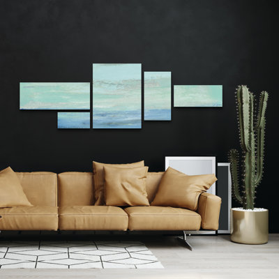Ensemble de 5 panneaux - Silvia Vassileva «Sunset Beach Ii No Orange», art mural sur toile pour le salon, la chambre à coucher ou le bureau