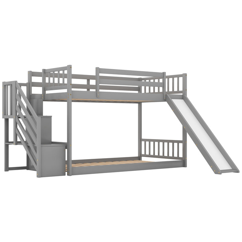 Twin over Twin Bunk Bed with Convertible Slide, Stairway & Storage Shelves, Solid Wood, Gray, Space-Saving