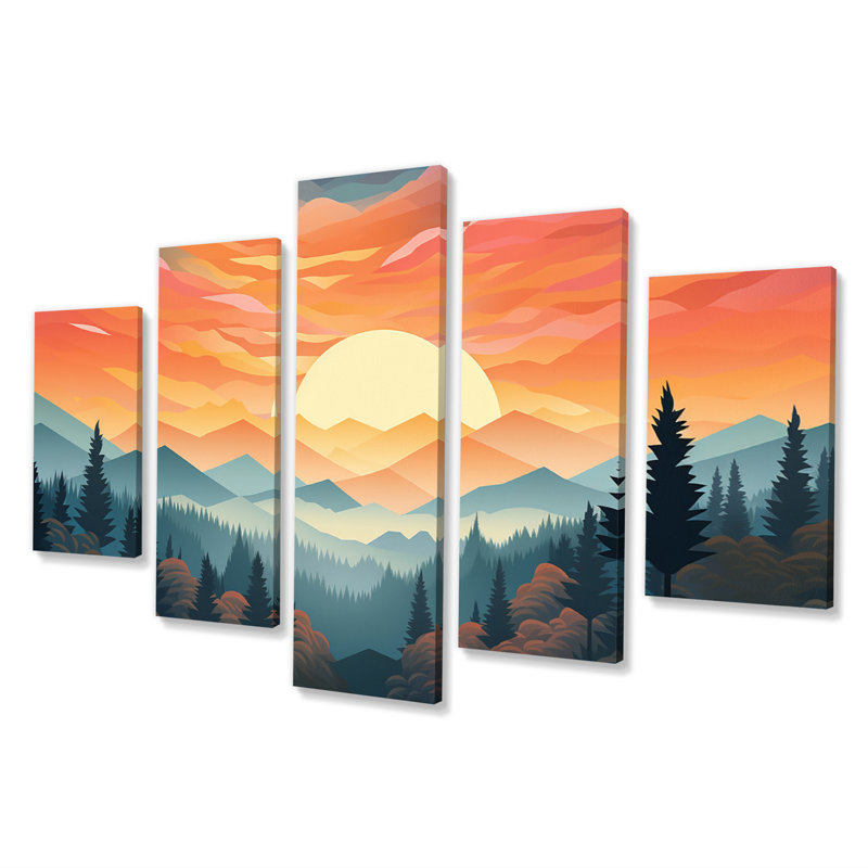 Mountain Forest Daydream's Peaceful Sunset - Paysage de montagnes, art mural, salon - 5 panneaux