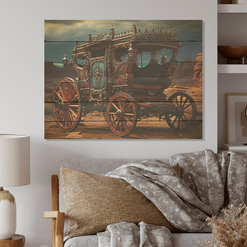 Fantasy Western Wagon aux États-Unis - Vieille charrette américaine, art sur bois de pin naturel, H 24 po x l 32 po
