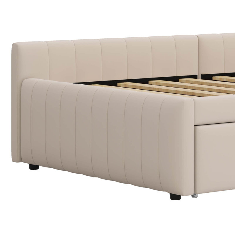 Full Size Upholstered L-Shaped Daybed – Twin Size Pop Up Trundle Included, Beige