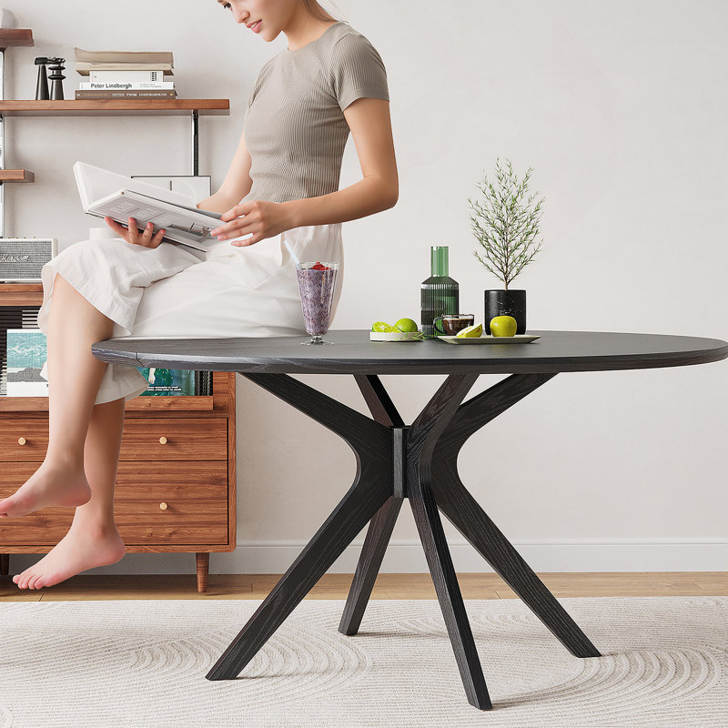 Table de salle à manger 47,2 "en bois massif pour 4 à 6 personnes avec base piédestal entrecroisée, Noir, Noir