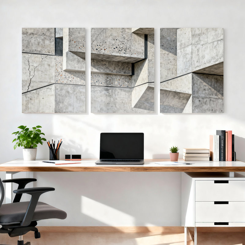 Béton architecture géométrique abstraite sur toile tendue, reproduction d'art sur toile, ensemble de 3, H 30 po x l 60 po