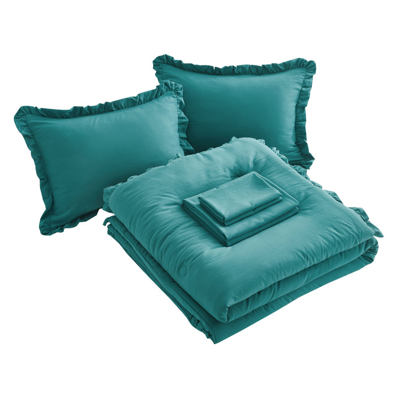 Ruffled Edge Microfiber Bed in a Bag Comforter Set, Oversized King Comforter + 6 Additional Pieces, Teal