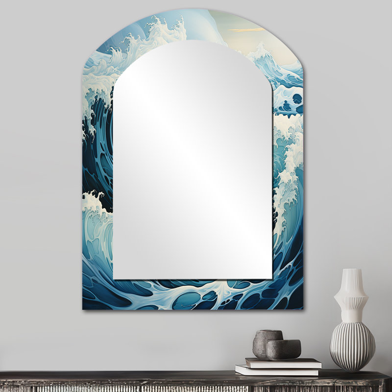 Teal blanc océan Oceanic Odyssey I - grand miroir de voûte océanique, décor de miroir mural asymétrique bleu sarcelle, impression d'art en métal