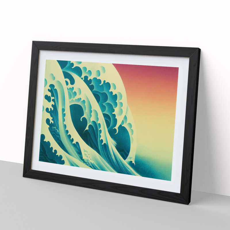 Japanese Wave Sunset - Single Picture Frame Print, 46cm H x 64cm W x 2cm D, Black