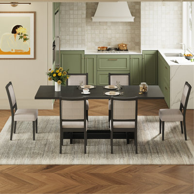 TOPMAX Rustic 82inch 7-Piece Extendable Dining Table Set, Trestle Kitchen Table with 6 Upholstered Dining Chairs and Two 12'' Removable Leaf, Grey+Bei