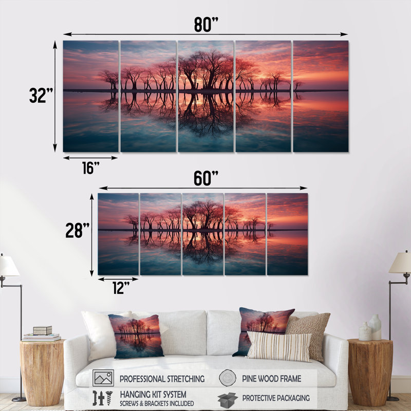 Coucher de soleil sur le lac, silhouette d'arbre, art mural pour le salon, 5 pièces, H 28 po x l 60 po