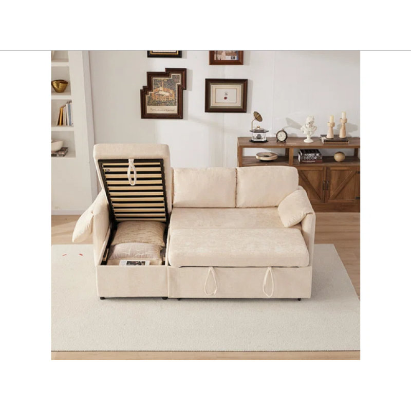 83''W Chenille Convertible L Shape Sectional Sleeper Sofa With USB And Storage, 33.1" H x 83.3" W x 55.1" D, Cream Chenille