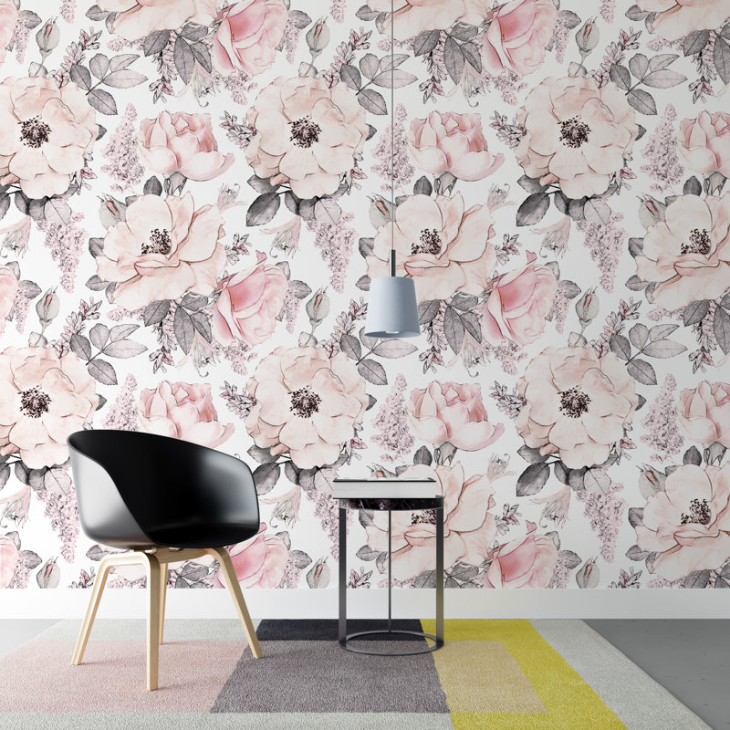 Papier peint rose avec fleurs dessinées à la main, l 24 po x L 50 po