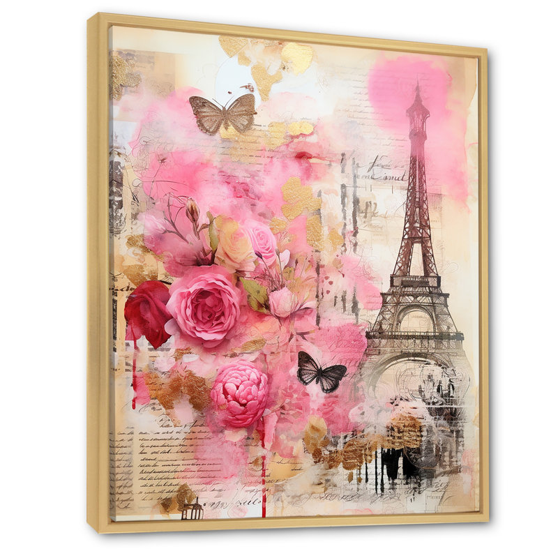 «Pink Blossoming Spring In Paris», collage rétro sur toile, Cadre flottant brun, 44" H x 34" W