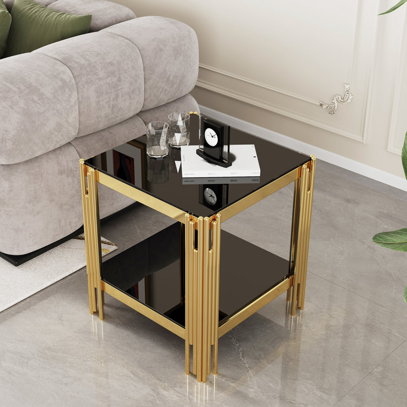 Table de bout moderne en verre trempé avec structure en acier inoxydable, Noir, noir, noir, noir, Doré