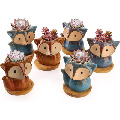 6-piece 3.5" Ceramic Fox Succulent Planters With Bamboo Trays