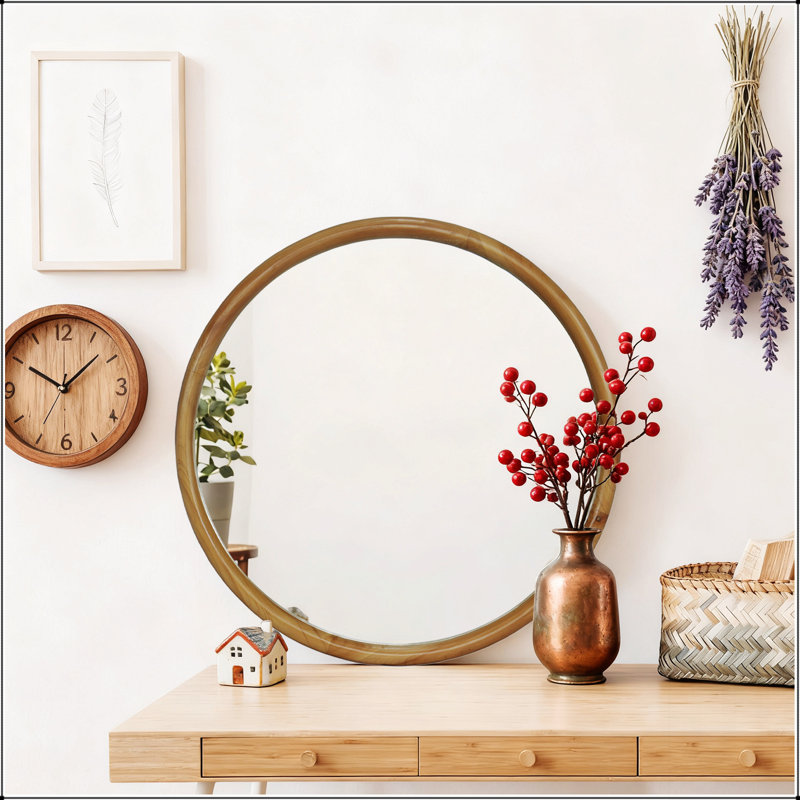 Miroir mural rond rond en bois, miroir rond en bois naturel de 23,62 pouces pour salle de bain, chambre à coucher, vestibule, décor moderne Mid-Century