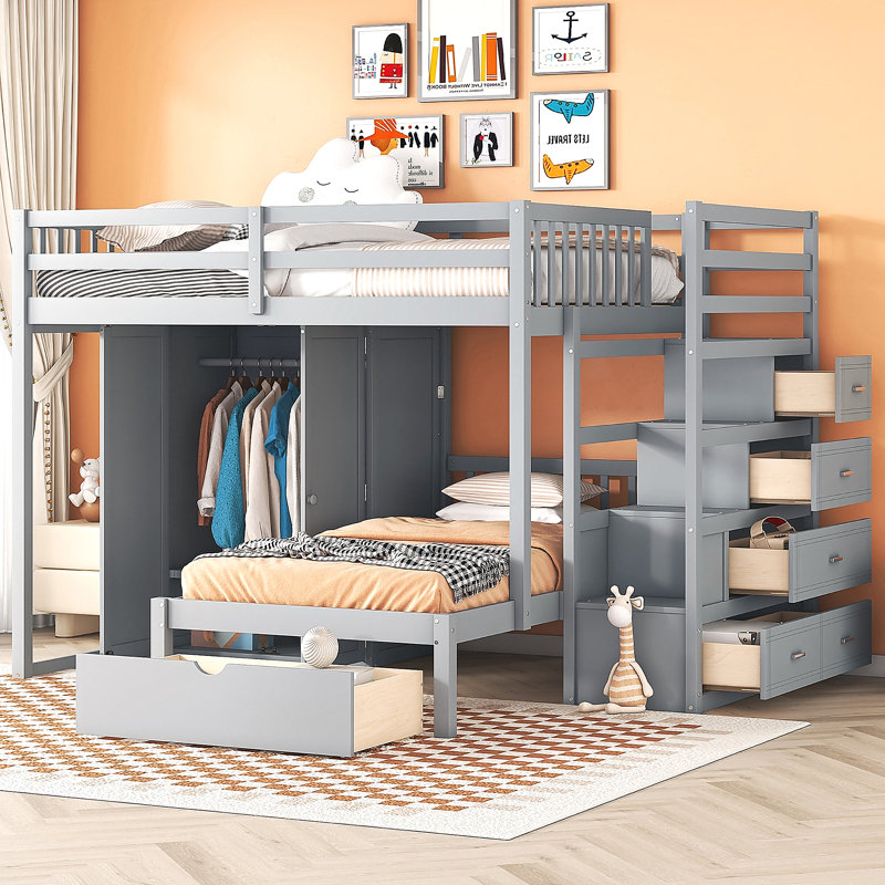 Lit superposé double au-dessus de simple avec garde-robe et tiroirs, Gris