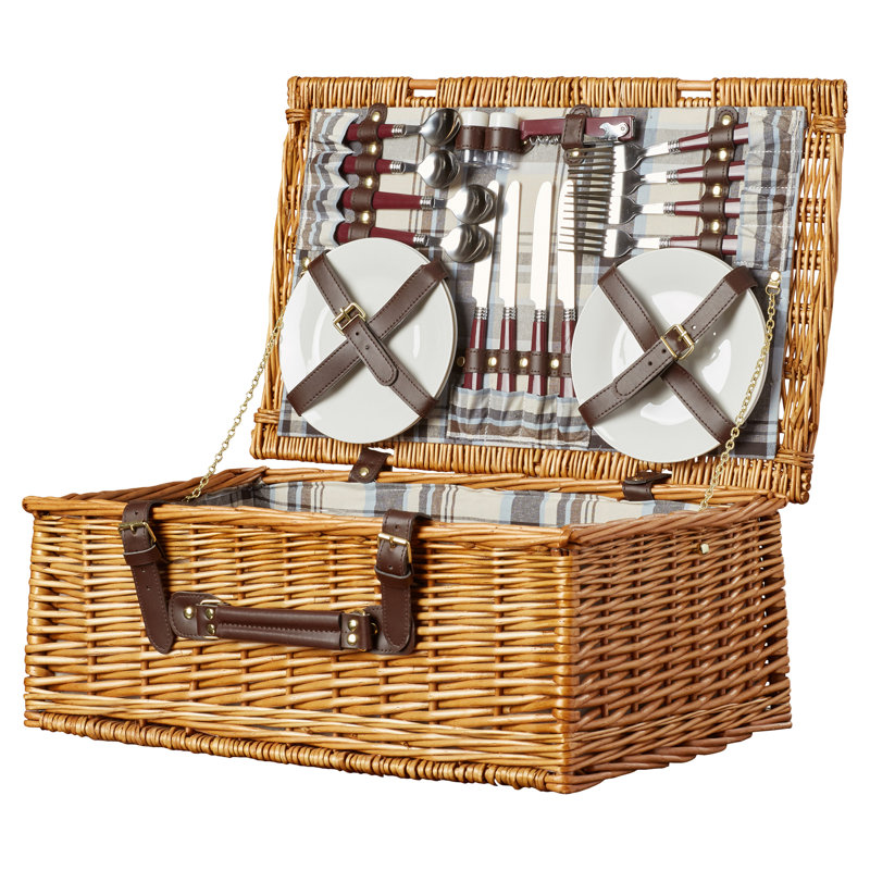 Newbury Wicker Picnic Basket with Navy and Burgundy Plaid Interior