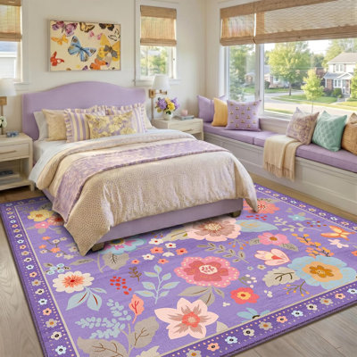 Motif floral carré de 8 pi avec motif lavable Boho, tapis mignon et antidérapant à fleur pour le salon, la chambre, la cuisine, le bureau, la ferme, mauve, rose et multicolore